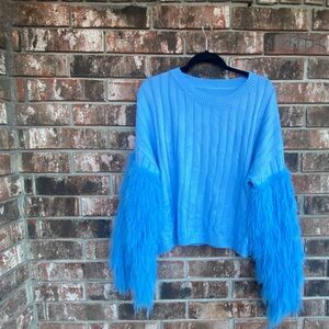Blue Women's Sweater with Fluffy Sleeves